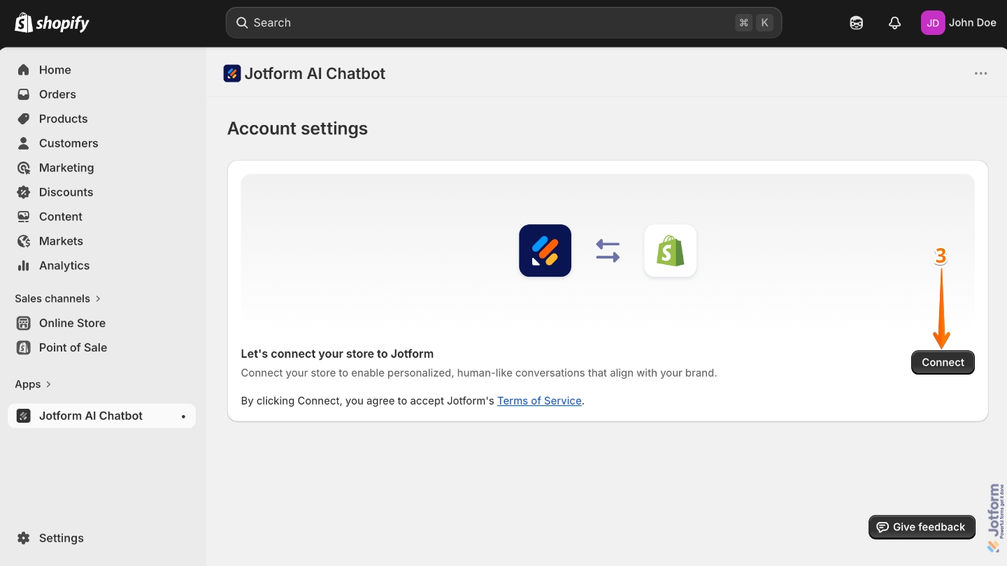 Clicking Connect to link Jotform Account with Shopify