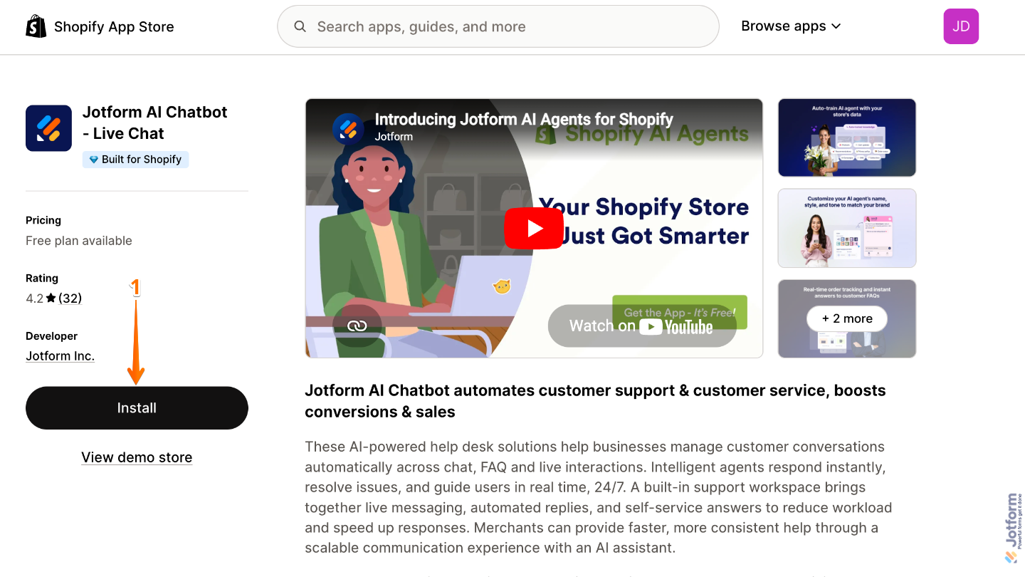 Clicking the Install button for Jotform AI Chatbot - Live Chat App in the Shopify App Store after logging in