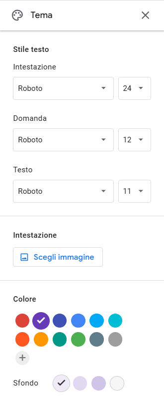 Pannello impostazione stile di Moduli Google