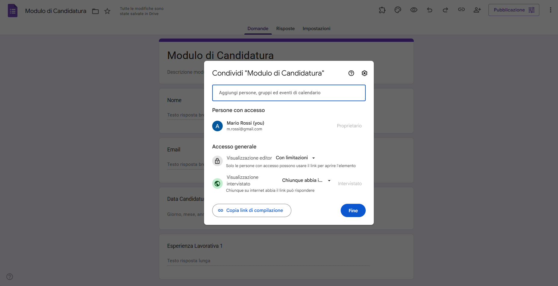 Menu di condivisione modulo di Moduli Google