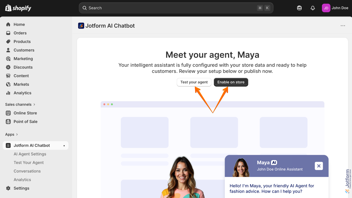 AI interface showing an AI Agent generated from Shopify data with options to test or enable it