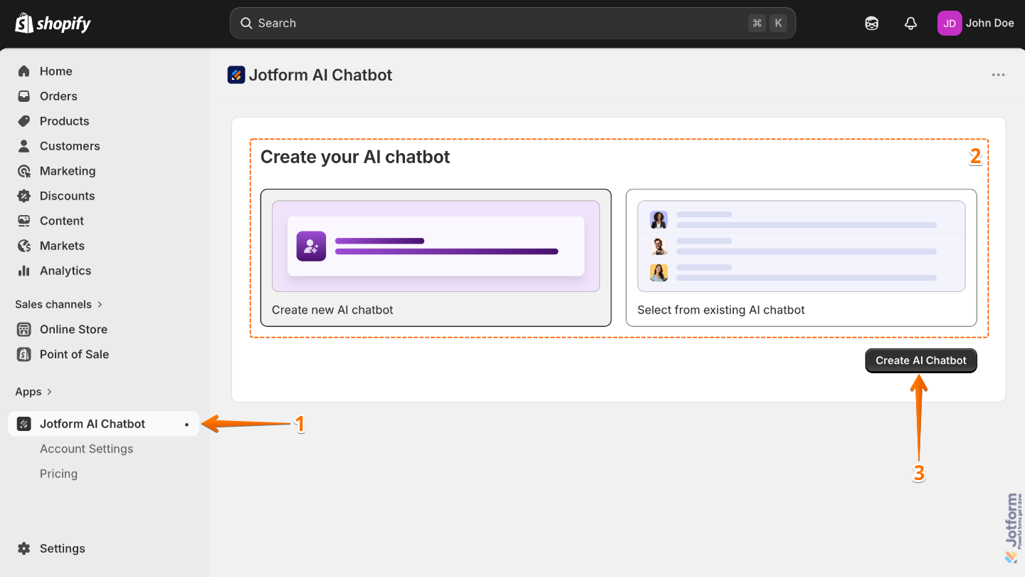 Accessing the Jotform Chatbot app in Shopify, selecting Create New AI Chatbot, and clicking Create Ai Chatbot