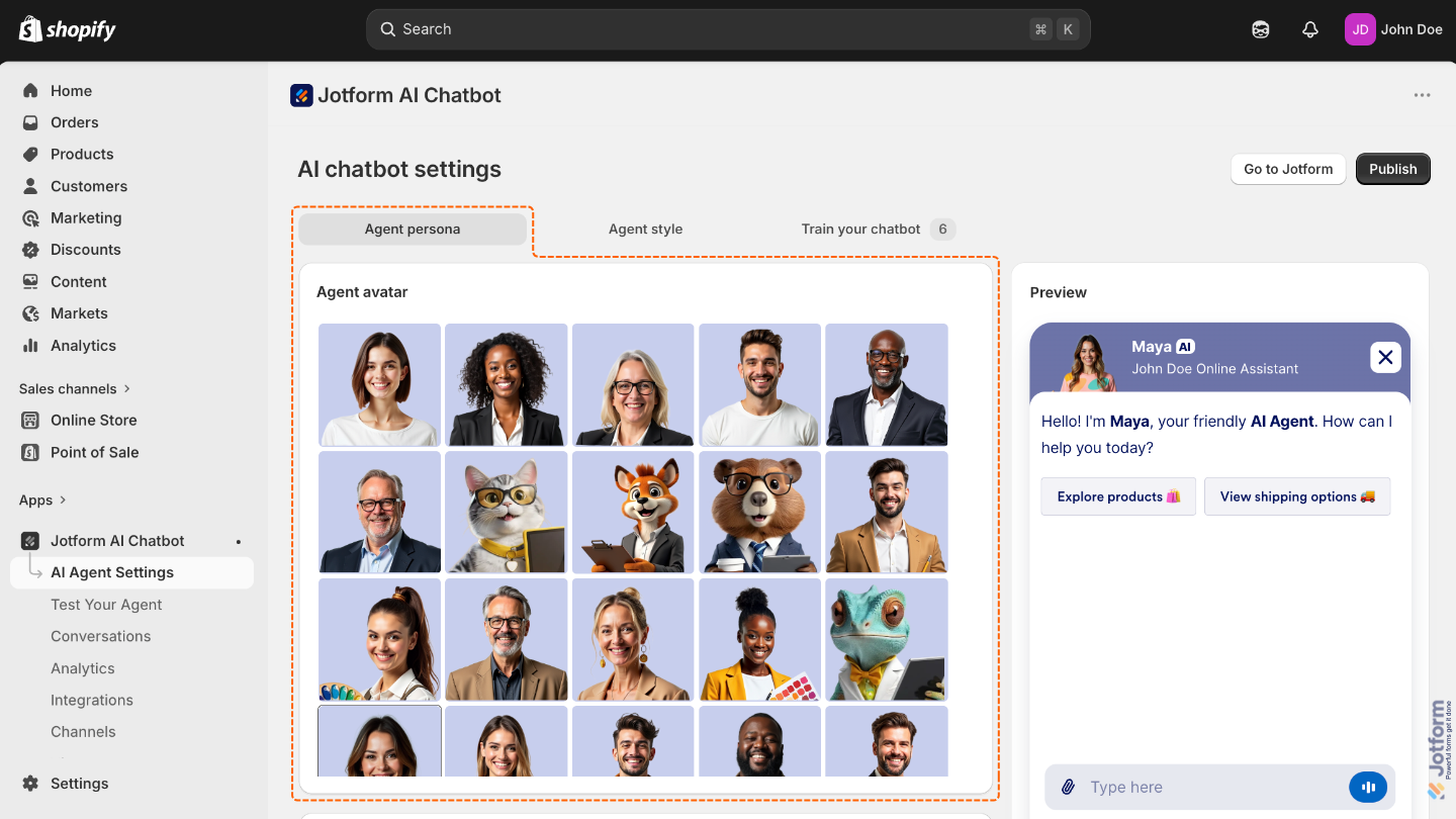 Agent Persona tab showing avatar selection in AI Chatbot Settings in Shopify App