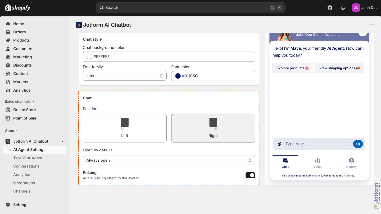 AI Chat settings panel showing options for chat behavior, position, open by default, and pulsing