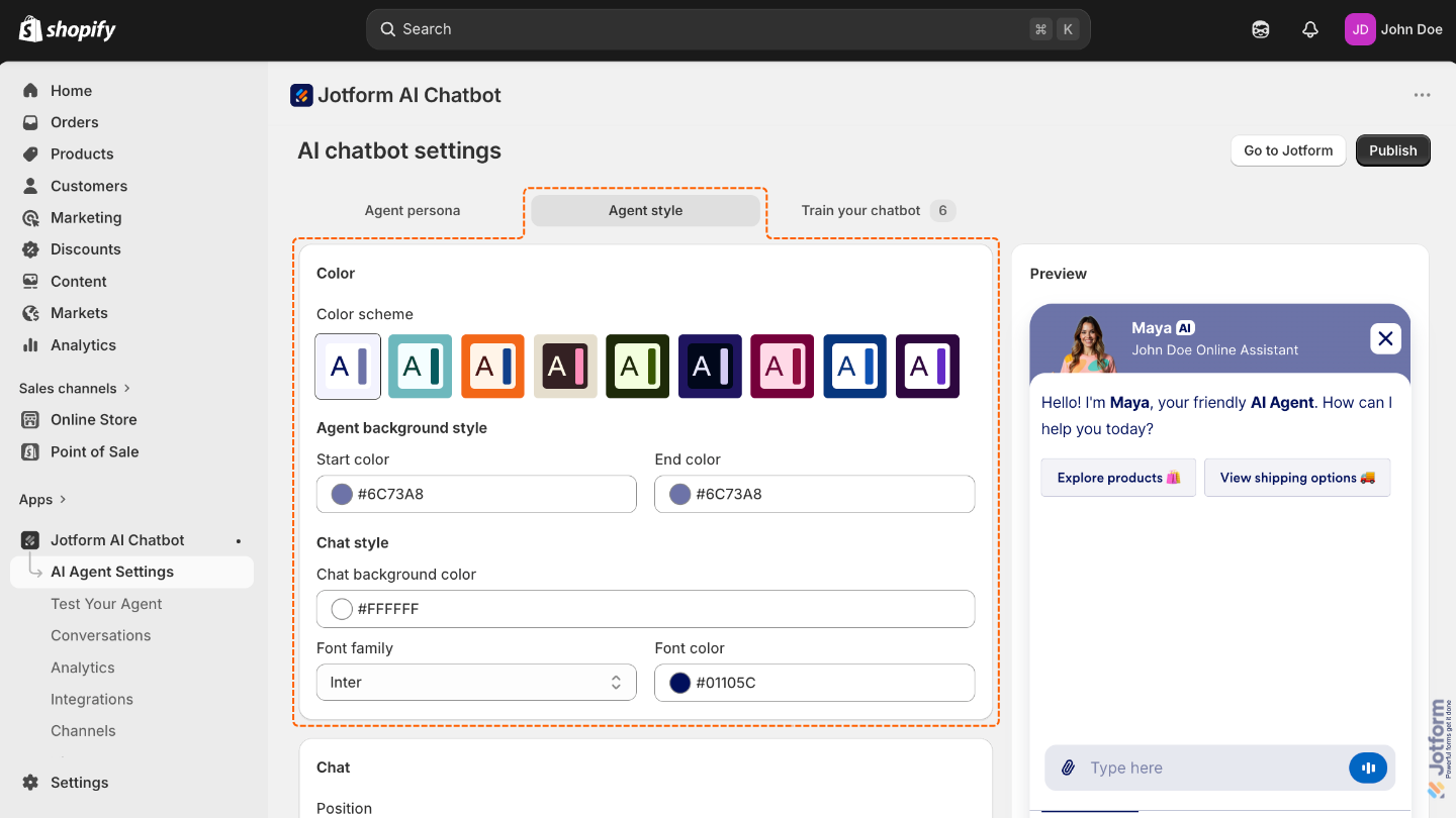 AI Agent customization panel showing options for color, color scheme, background style, chat style, and font settings