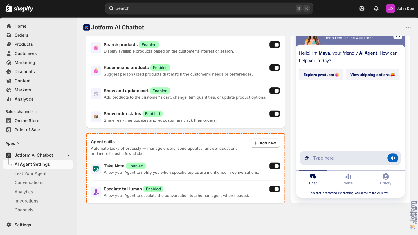 AI Agent settings panel showing options for Agent Skills, Take Note, and Escalate to Human features