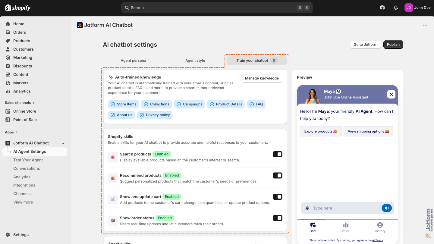 Train Your AI Chatbot tab with Shopify skills like product suggestions, order status, and cart updates