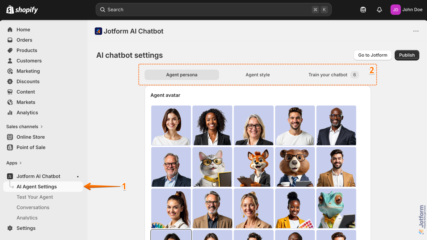 Jotform AI Chatbot Settings in Shopify showing Agent Persona, Agent Style, and Train Your AI Chatbot tabs