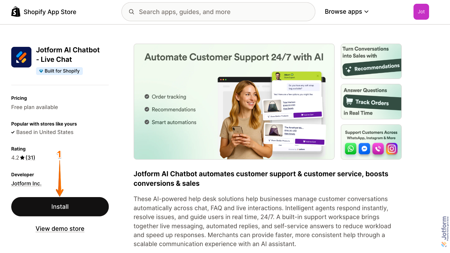 Clicking the Install button for Jotform AI Chatbot - Live Chat App in the Shopify App Store after logging in