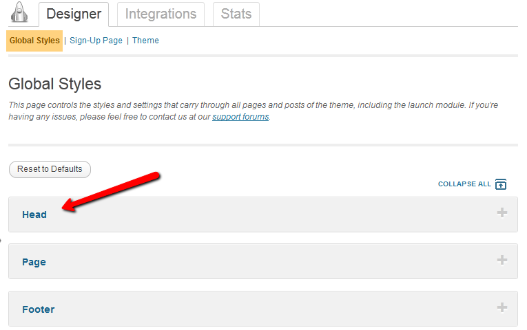 Capture d'écran de la section Styles globaux dans l'onglet Designer d'une campagne Launch Effect avec une flèche pointant vers En-tête (Head)