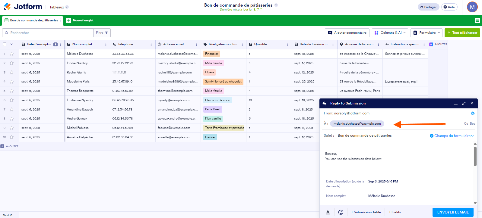 Capture d'écran du champ du destinataire dans le panneau Répondre à la soumission dans les Tableaux Jotform