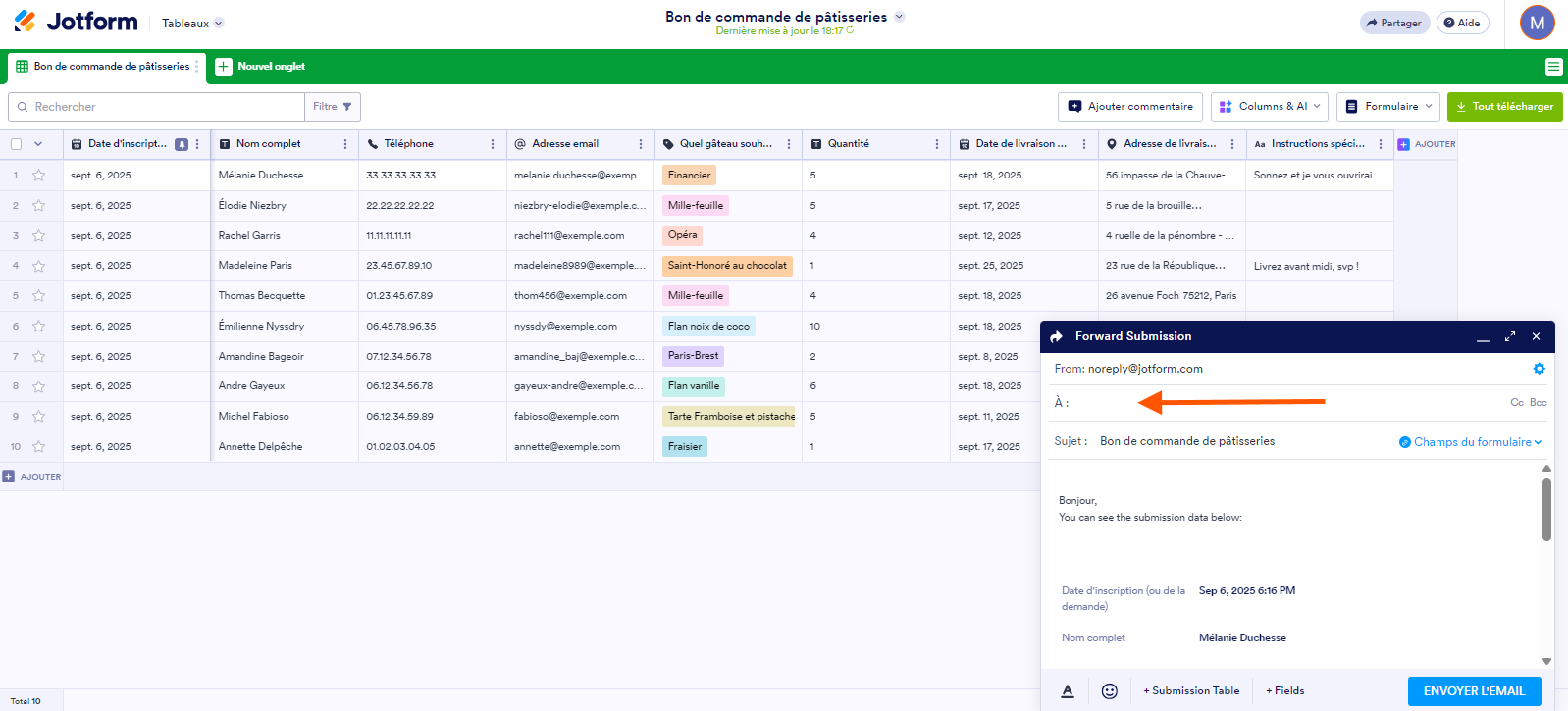 Capture d'écran du champ du destinataire dans le panneau Transférer la soumission dans les Tableaux Jotform