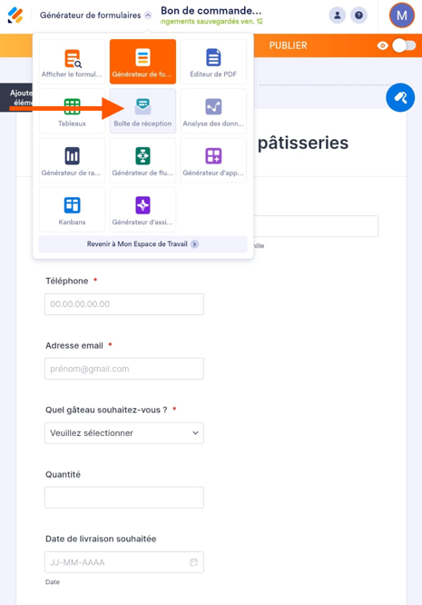 Capture d'écran du menu des options Jotform Mobile avec une flèche pointant vers Boîte de réception