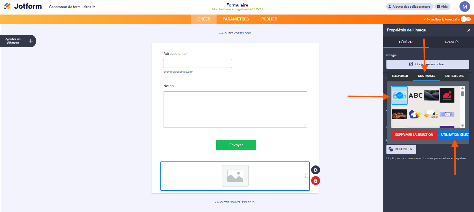 Capture d'écran de la fenêtre modale Choisir un fichier dans le volet Propriétés de l'image à droite d'un formulaire avec une flèche pointant vers Mes Images, une autre pointant vers le logo Comodo du sceau de certificat de sécurité et une troisième pointant vers le bouton Utiliser la sélection dans le Générateur de formulaires Jotform