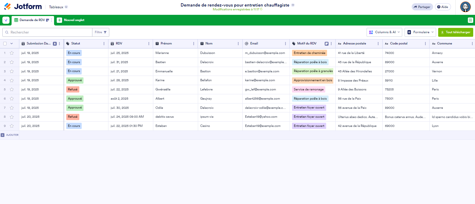Capture d'écran d'un tableau avec la colonne de Statut encadrée dans les tableaux Jotform