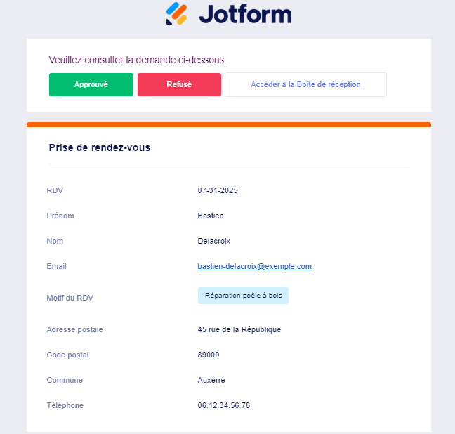 cliquer pour agrandir Capture d'écran d'un email de notification de demande d'approbation provenant des Flux de travail Jotform