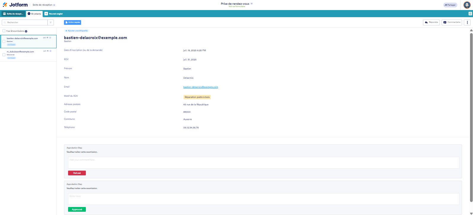Capture d'écran des boutons d'étape d'approbation dans l'onglet En attente dans la Boîte de réception Jotform
