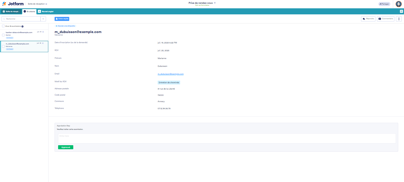Capture d'écran de l'approbation attribuée qui s'est ouverte dans la Boîte de réception Jotform