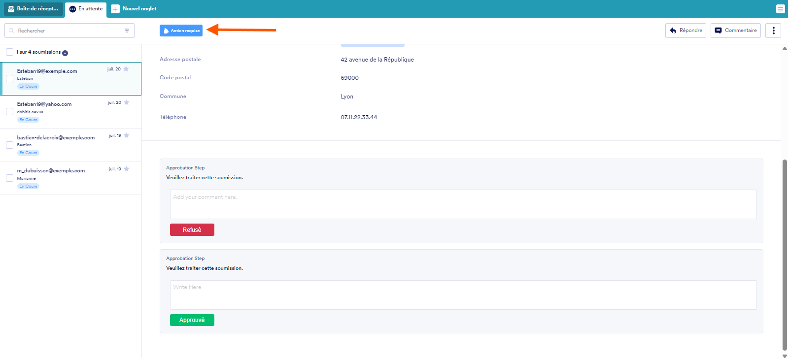 Capture d'écran du bouton Action requise dans l'onglet En attente dans la Boîte de réception Jotform