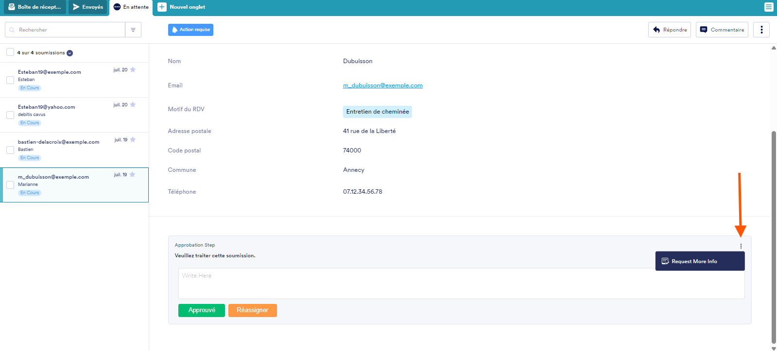 Capture d'écran de l'option Demander plus d'informations de l'étape d'approbation dans la Boîte de réception Jotform