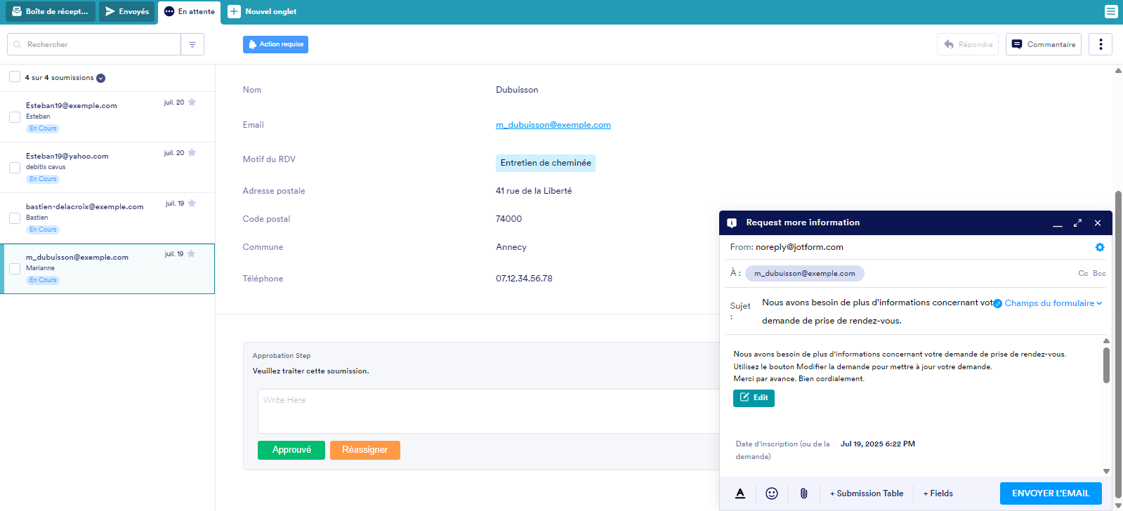 Capture d'écran de la boîte de dialogue Demander plus d'informations dans la Boîte de réception Jotform