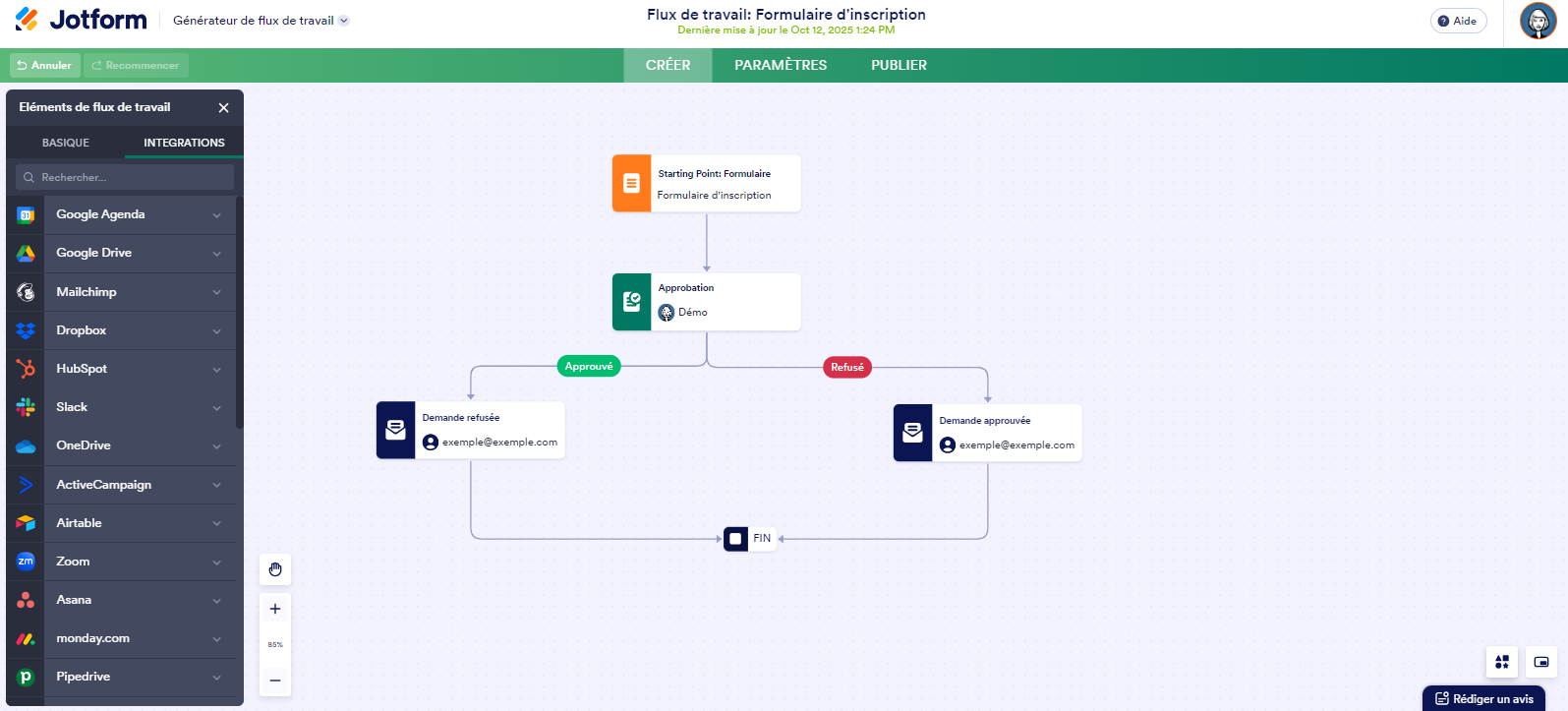 Capture d'écran d'un flux de travail avec l'onglet Intégrations du volet de gauche dans les Flux de travail Jotform