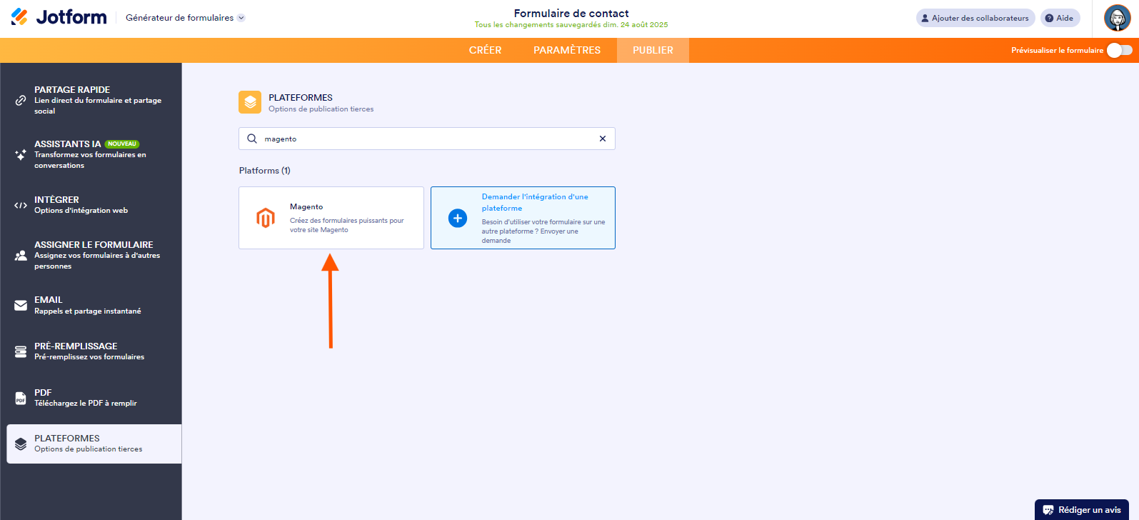 Capture d'écran de l'option Magento dans l'onglet Plateformes du Générateur de formulaires Jotform