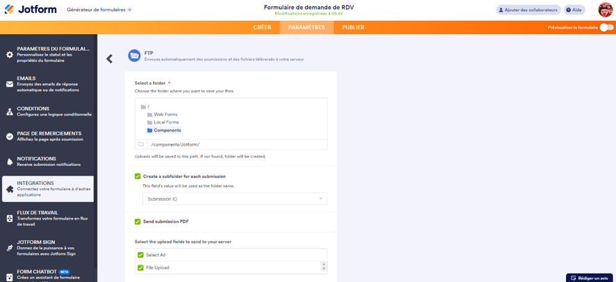 Capture d'écran montrant les paramètres de l'intégration FTP avec les options pour Dossier principal, Sous-dossier, Envoyer le PDF de soumission, et Envoyer les fichiers téléversés