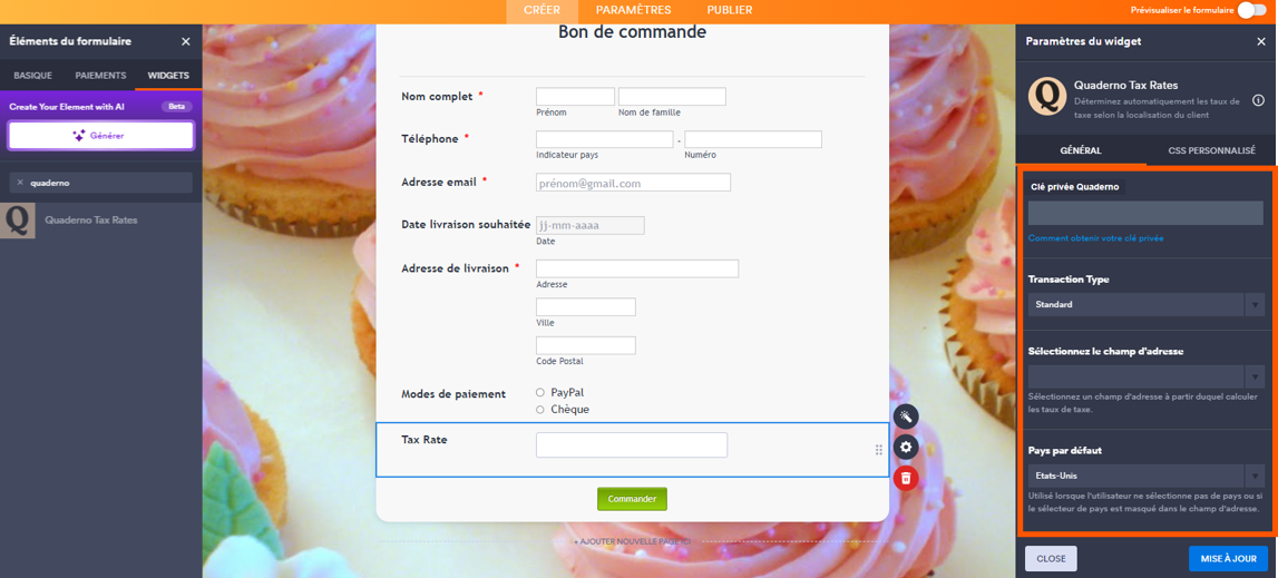 Capture d'écran d'un formulaire dans le Générateur de formulaires Jotform le widget Quaderno ajouté, le volet Propriétés du widget ouvert à droite et un encadré autour des champs à renseigner