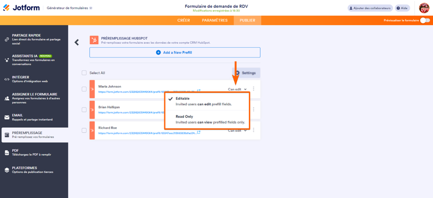 Capture d'écran montrant les options Modifiable et Lecture seule de permission pour préremplir votre formulaire avec les données de HubSpot dans le Générateur de formulaires Jotform
