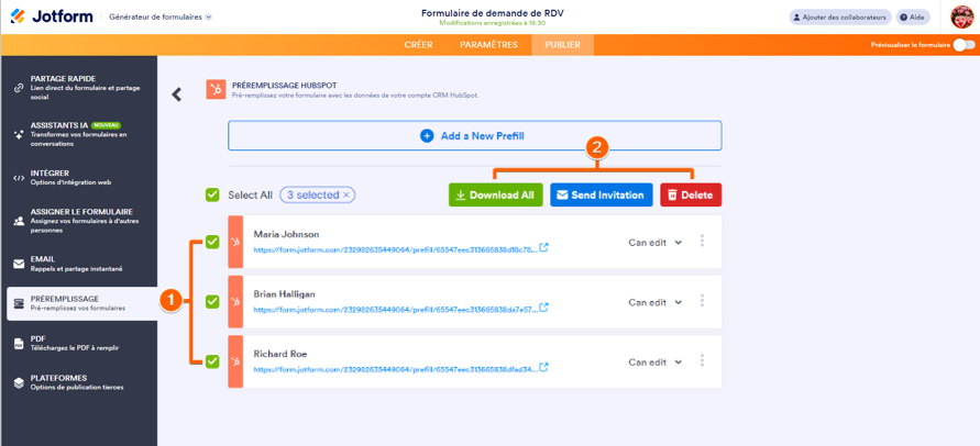 Capture d'écran montrant les options pour les URL de formulaire prérempli sélectionnées dans le Préremplissage HubSpot dans le Générateur de formulaires Jotform