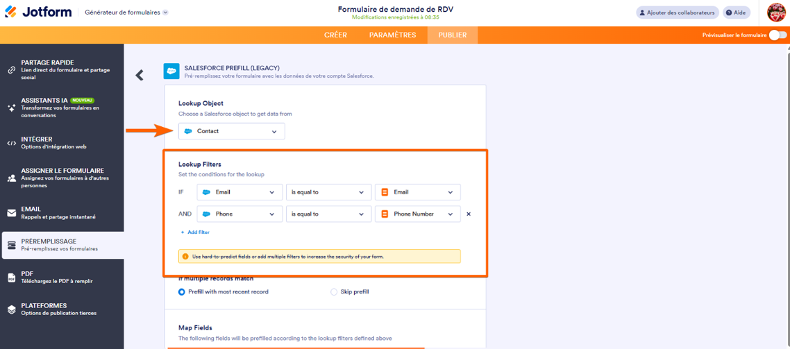 Capture d'écran montrant la recherche des filtres d'objet sur la page de configuration du préremplissage Salesforce dans le Générateur de formulaires Jotform
