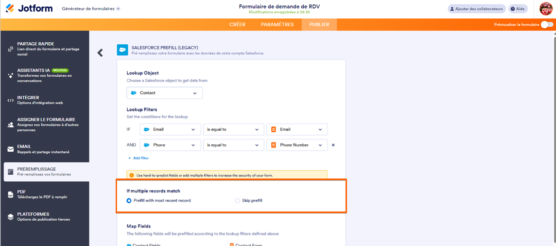 Capture d'écran montrant les filtres de recherche d'objets sur la page de configuration de Préremplissage Salesforce dans le Générateur de formulaires Jotform