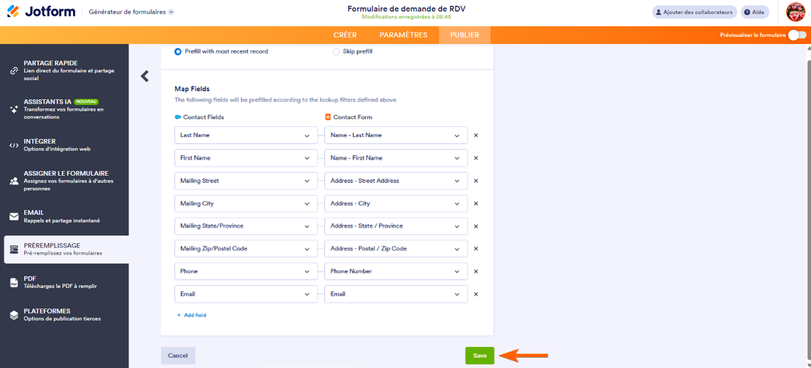Capture d'écran montrant le bouton Enregistrer sur la page de configuration de Préremplissage Salesforce dans le Générateur de formulaires Jotform