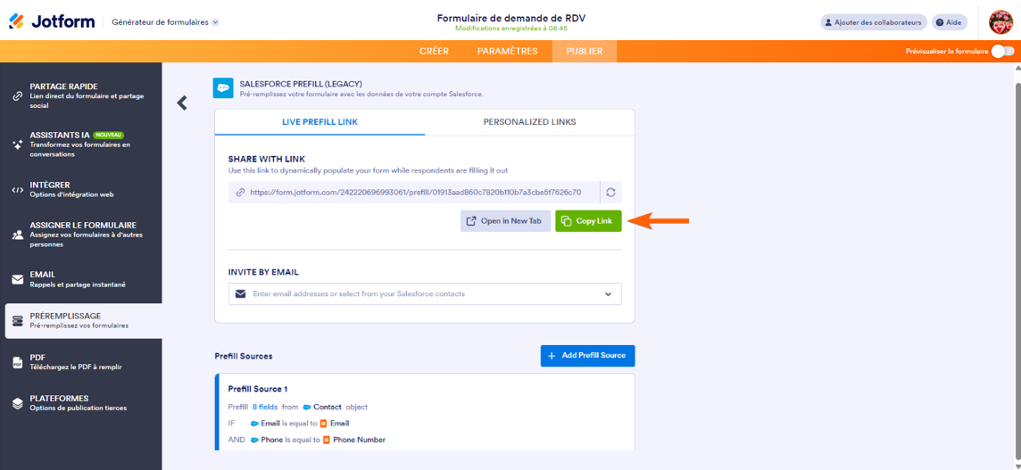 Capture d'écran montrant le bouton Copier le lien dans Préremplissage Salesforce dans le Générateur de formulaires Jotform