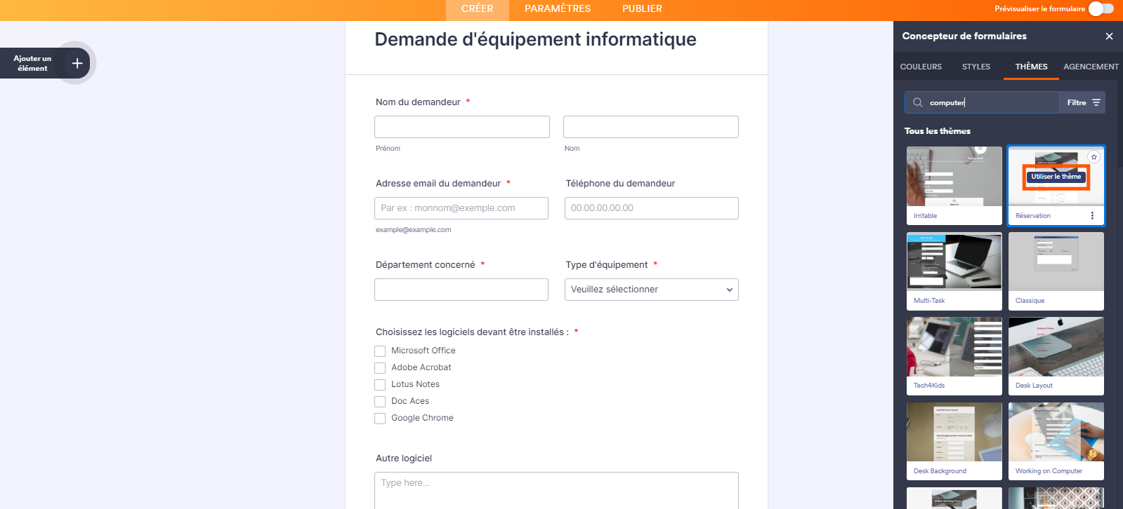 Capture d'écran du volet du Concepteur de formulaire avec l'onglet Thèmes sélectionné et un encadré montrant le bouton Utiliser le thème pour l'appliquer dans votre formulaire dans le Générateur de formulaires Jotform