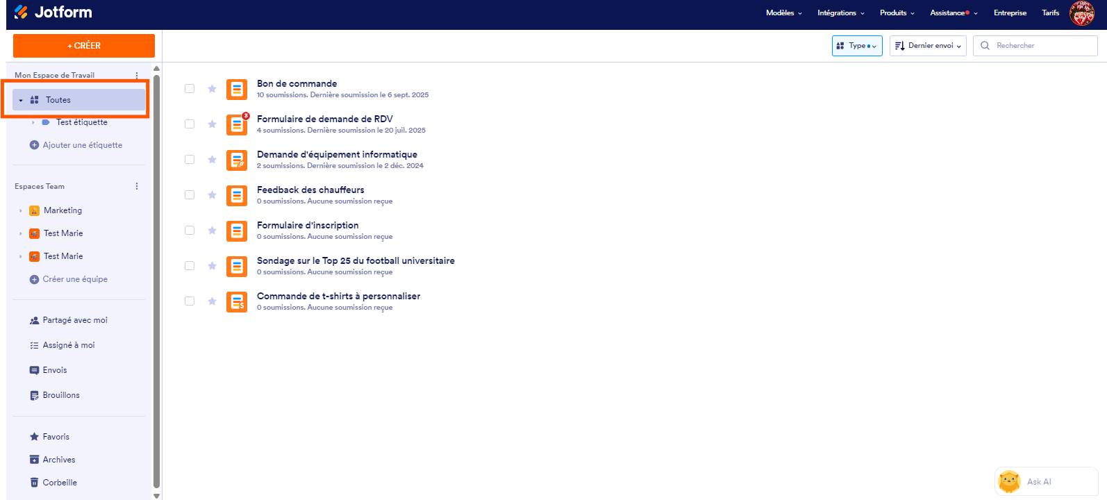 Capture d'écran de la page Mon Espace de Travail avec la nouvelle liste des formulaires parmi lesquels les formulaires récupérés et avec un encadré autour de l'option Toutes à gauche