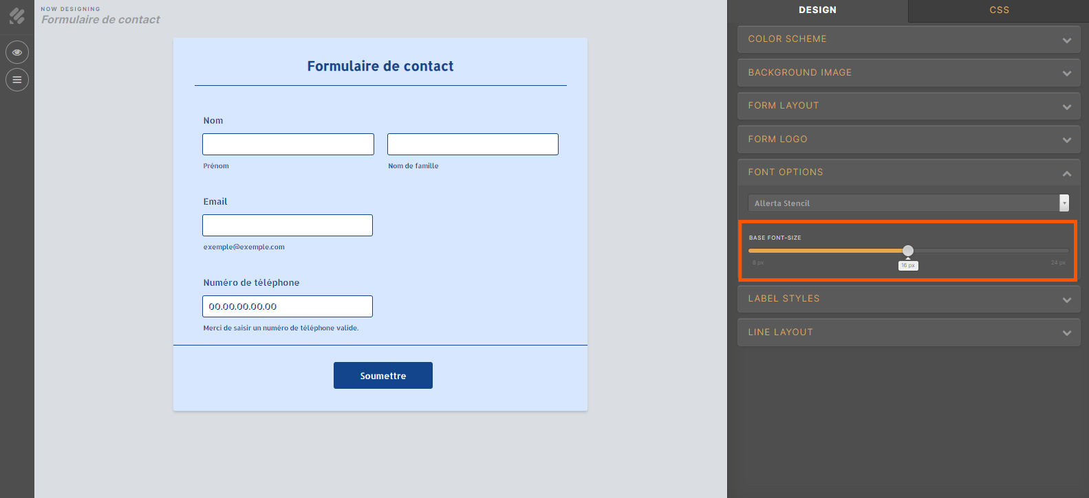 Capture de la page de l'Outil de conception avancé avec l'onglet Options de police ouvert et un encadré autour du curseur Taille de police de base