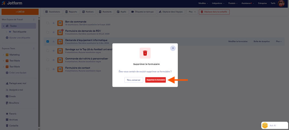 Capture d'écran de la fenêtre de confirmation Supprimer le formulaire avec une flèche pointant vers le bouton supprimer le formulaire
