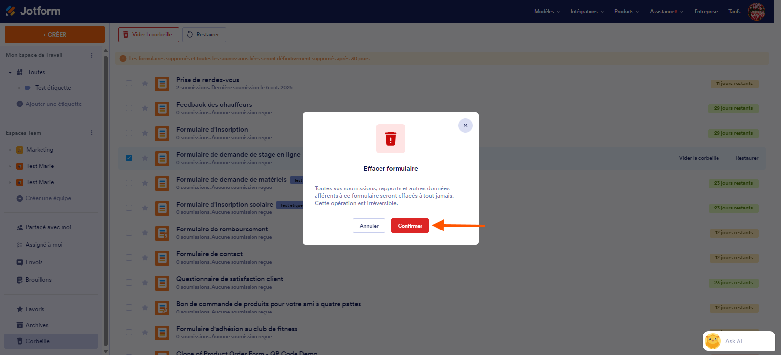 Capture d'écran de la fenêtre de confirmation avec le une flèche pointant vers le bouton Confirmer