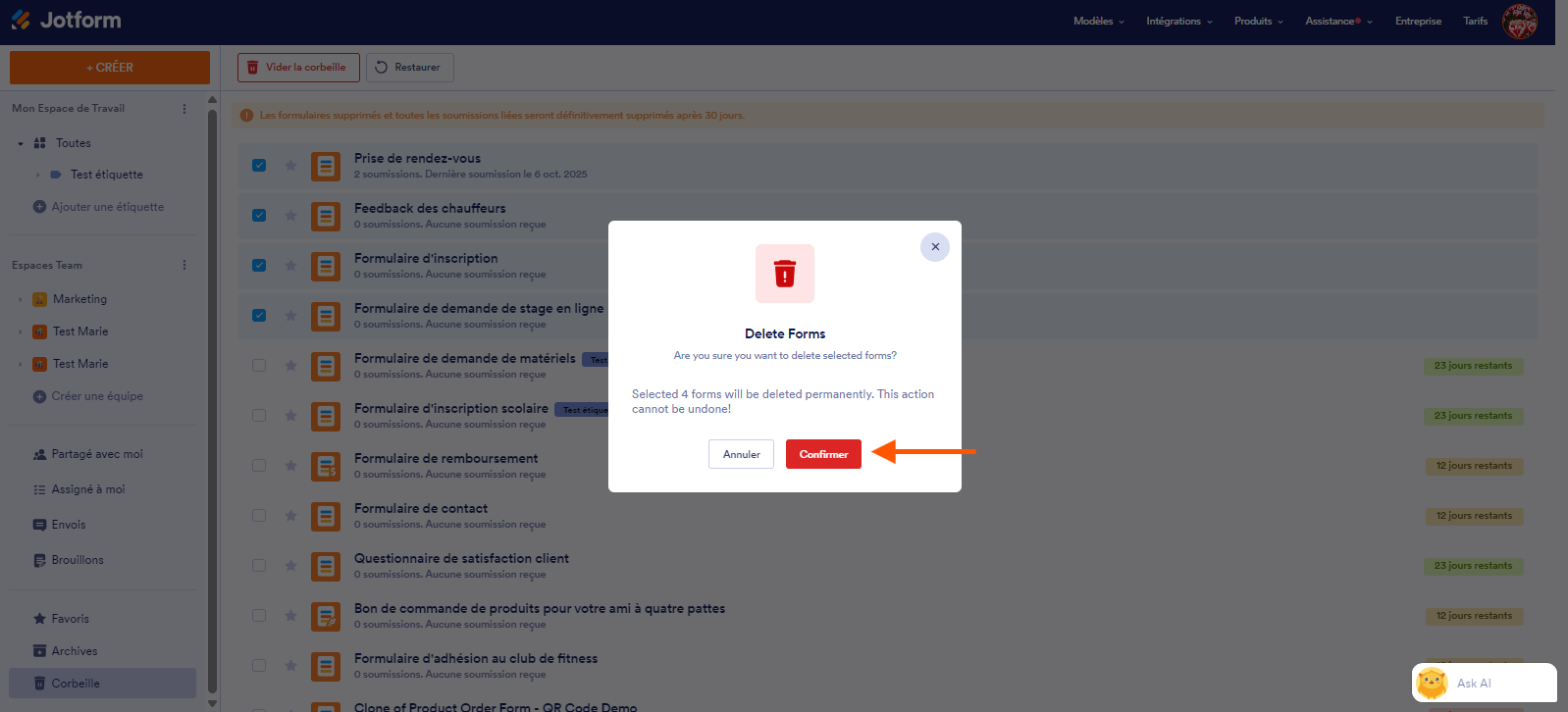 Capture d'écran de la fenêtre de confirmation avec une flèche pointant vers le bouton Confirmer