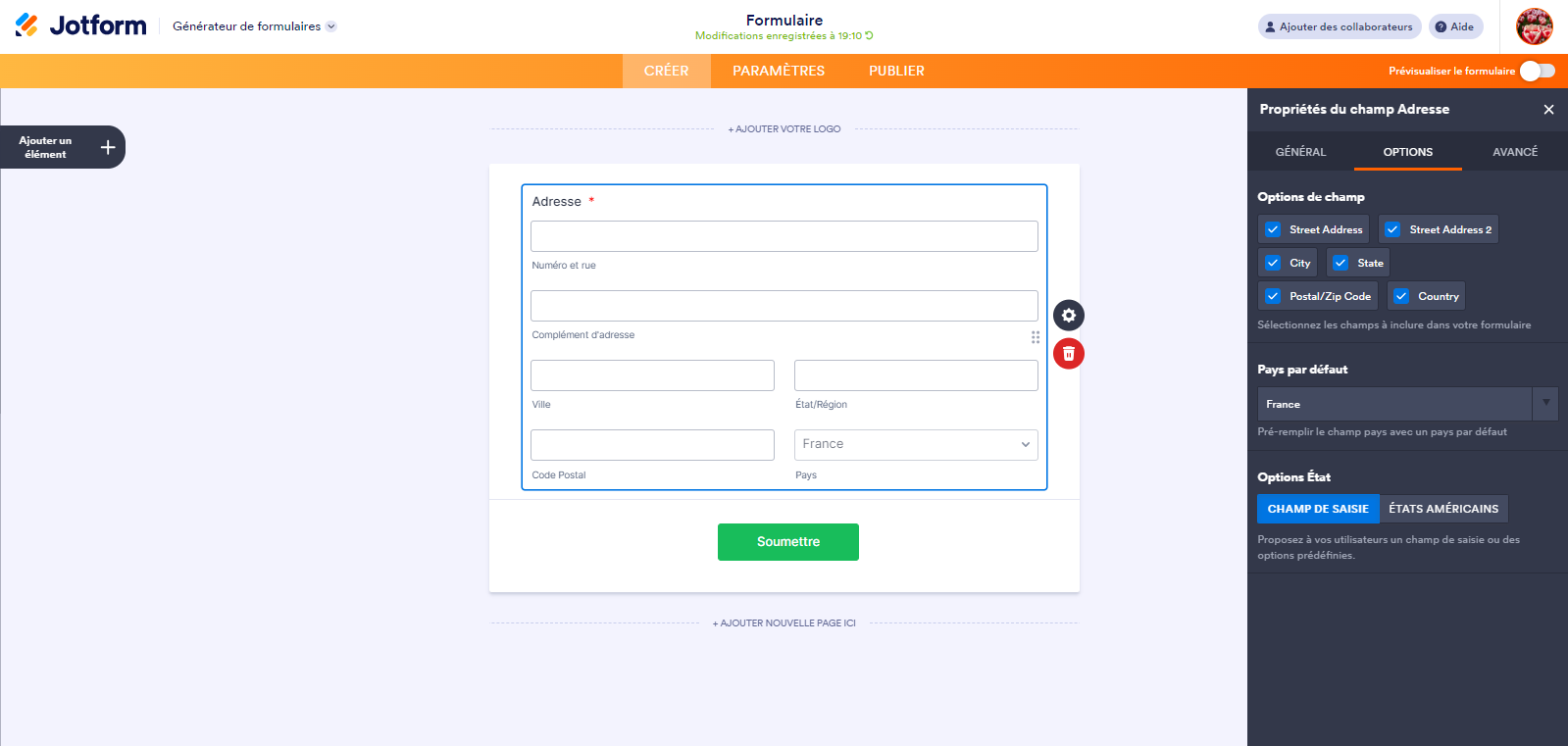 Capture d'écran de l'onglet Options du volet Propriétés du champ Adresse à droite de l'élément Adresse ajouté au formulaire dans le Générateur de formulaires Jotform
