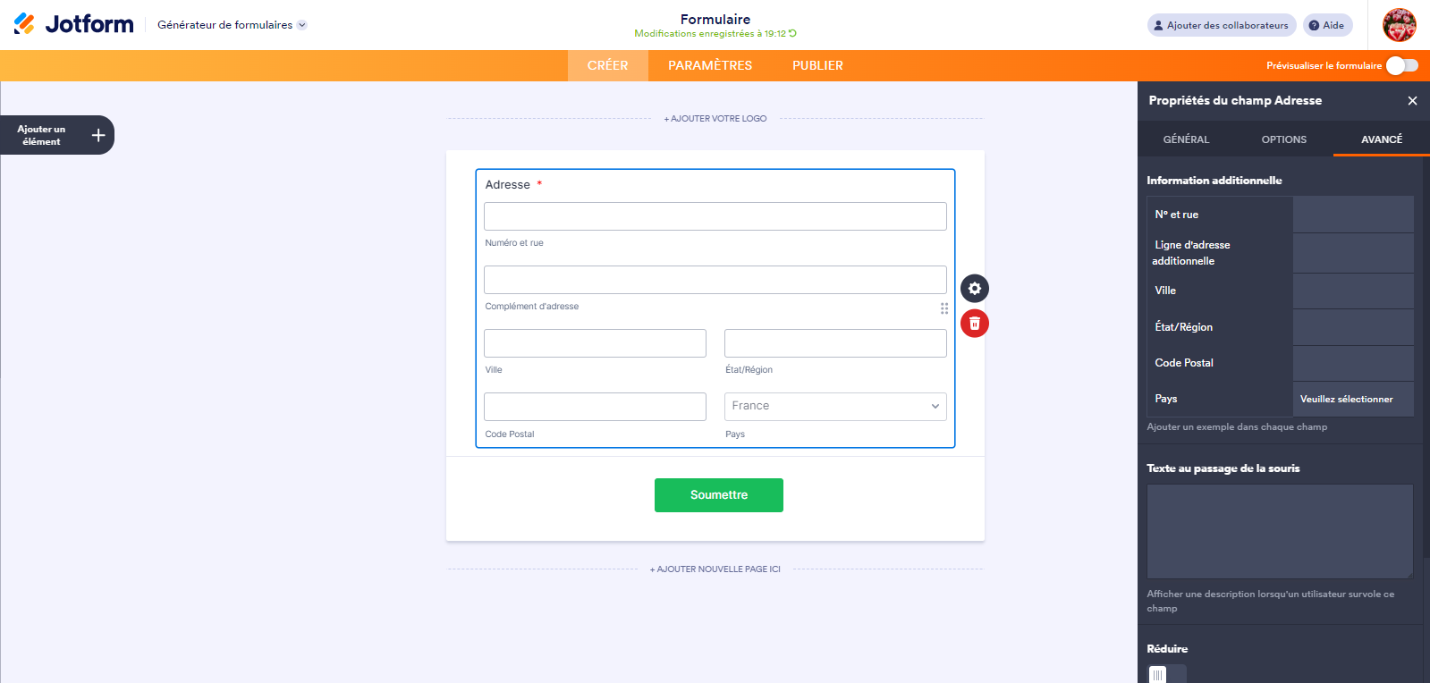 Capture d'écran de l'onglet Avancé du volet Propriétés du champ Adresse à droite de l'élément Adresse ajouté au formulaire dans le Générateur de formulaires Jotform