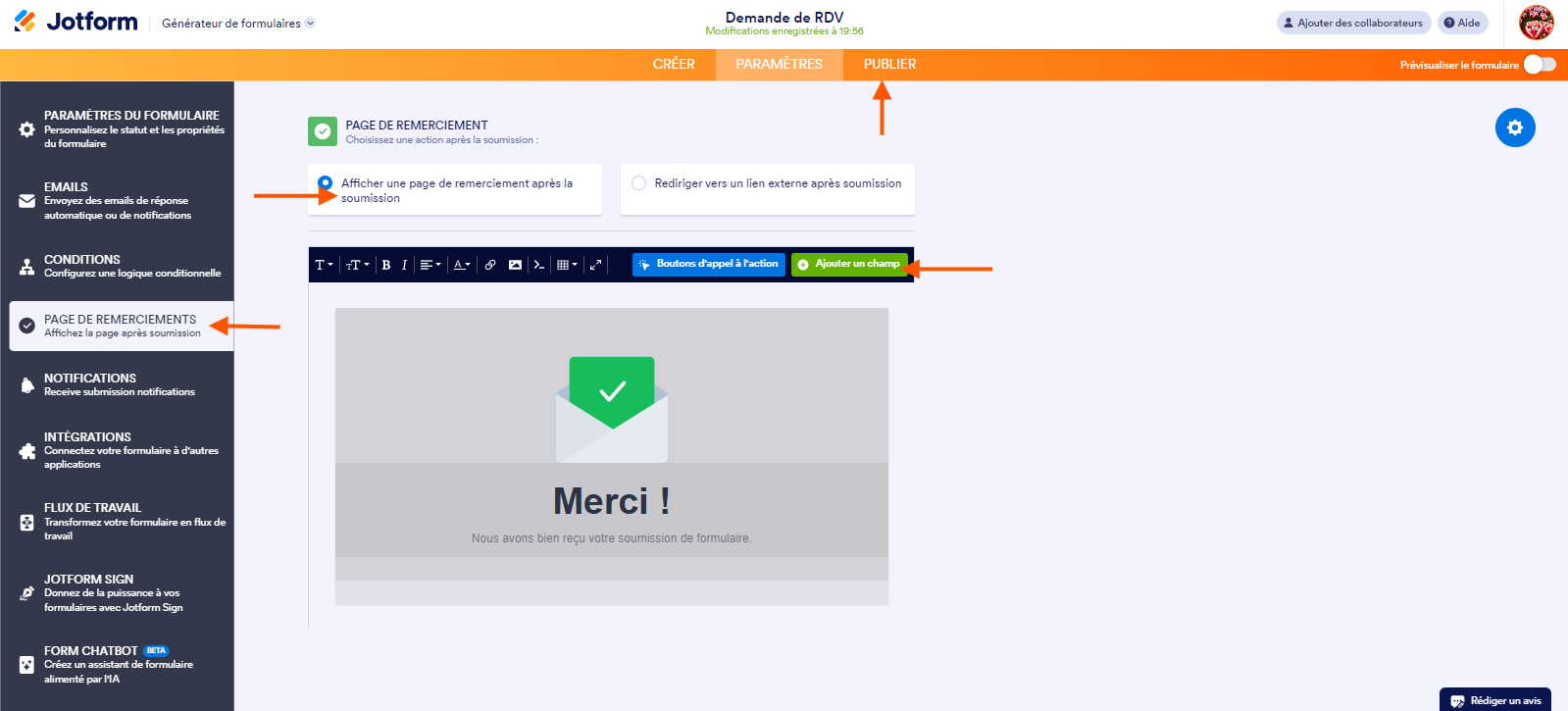 Capture d'écran des étapes pour afficher les valeurs des champs sur la page de remerciement dans le Générateur de formulaires Jotform
