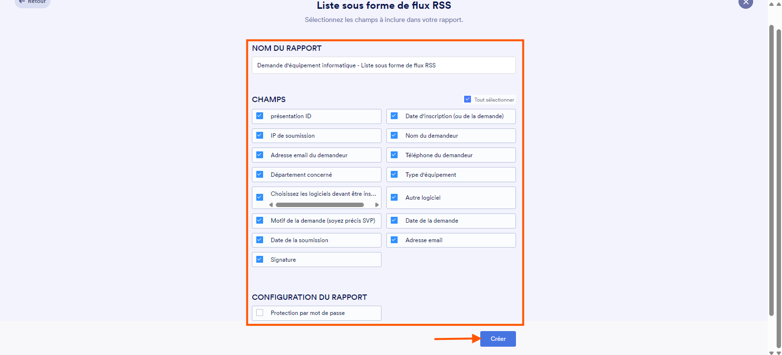 Capture d'écran de la page Liste sous forme de flux RSS dans le Générateur de formulaires Jotform avec un encadré autour des options à renseigner : Nom du rapport, Champs, Configuration du rapport et avec une flèche pointant vers le bouton Créer