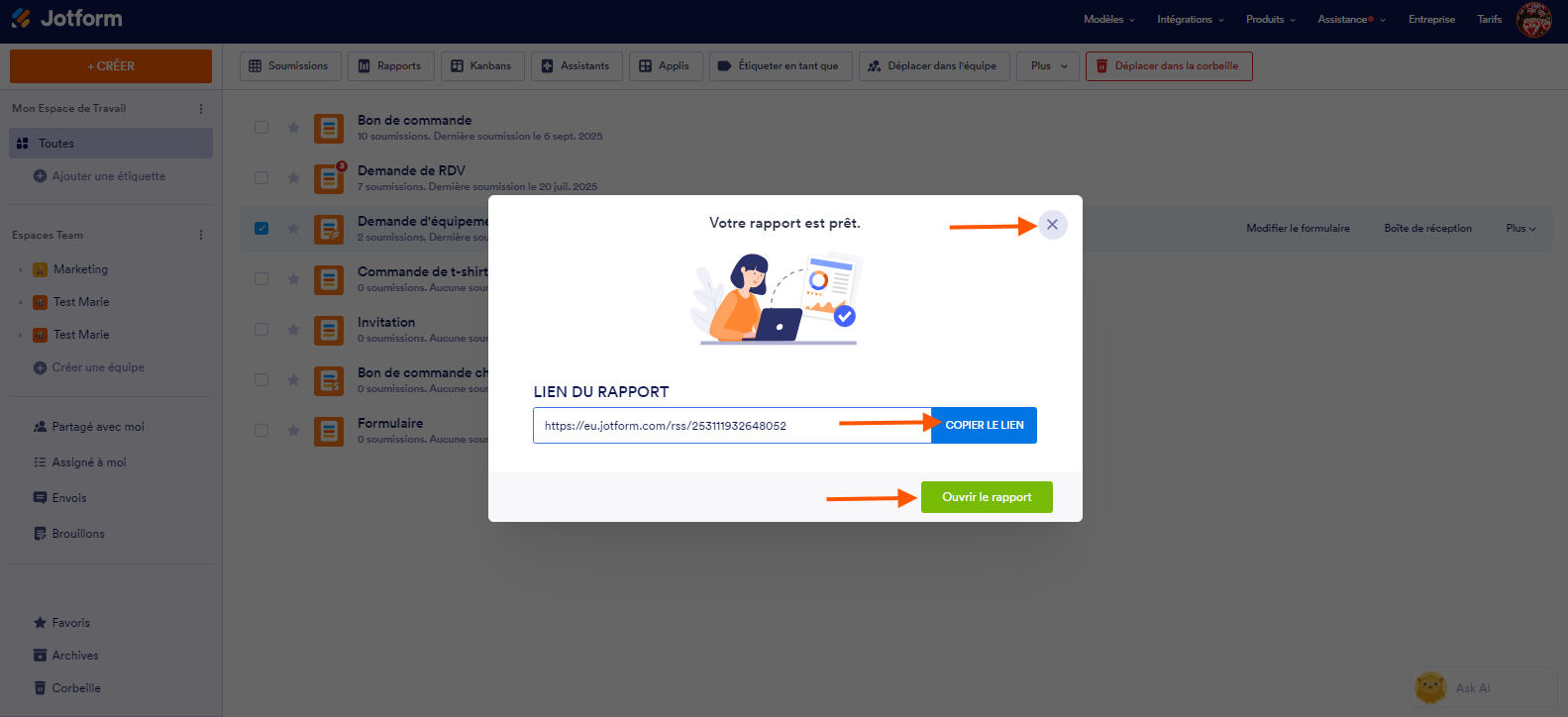 Capture d'écran de la fenêtre modale Votre rapport est prêt