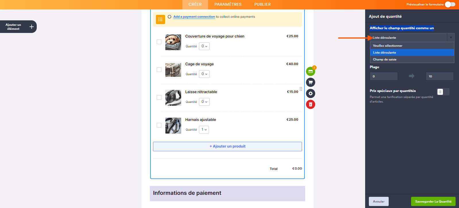 Capture d'écran du formulaire dans le Générateur de formulaires Jotform avec une flèche pointant vers le champ « Afficher la quantité sur le formulaire sous forme de » et « Liste déroulante » sélectionné dans la section Sélecteur de quantité