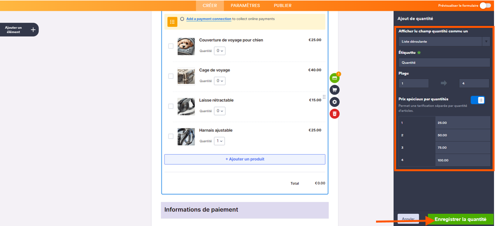 Capture d'écran du formulaire dans le Générateur de formulaires Jotform avec un encadré autour des champs à renseigner de la section Afficher la quantité sur le formulaire sous forme de du volet Ajout de quantité à droite et une flèche pointant vers le bouton Enregistrer la quantité