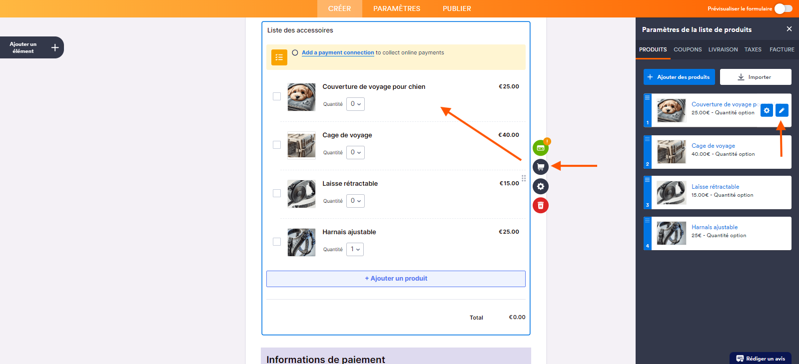 Capture d'écran du formulaire dans le Générateur de formulaires Jotform avec une flèche pointant vers l'icône de caddie, une autre pointant vers le 1er produit de la liste et une troisième pointant vers l'icône de crayon dans le volet Paramètres de la liste de produits ouvert 