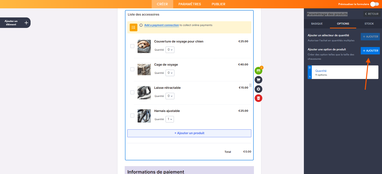 Capture d'écran du formulaire dans le Générateur de formulaires Jotform avec une flèche pointant vers le bouton Ajouter situé à droite de l'option de Paramétrage des produits « Ajouter une option de produit »